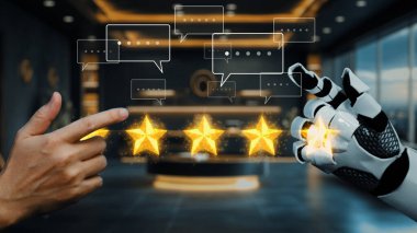 Bir insan eli beş parlayan yıldızı işaret ederken, bir robot el dijital geri bildirim sembolleriyle etkileşime geçerek, teknoloji ve müşteri ilişkilerinin iş dünyasındaki füzyonunu gösteriyor. Auvana