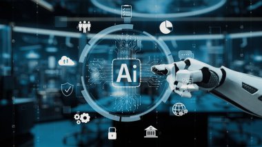 Bir robot el, yapay zekanın teknoloji ve veri analizine entegrasyonunu sembolize eden dijital simgeler ağındaki bir yapay zeka sembolüne işaret ediyor. Auvana