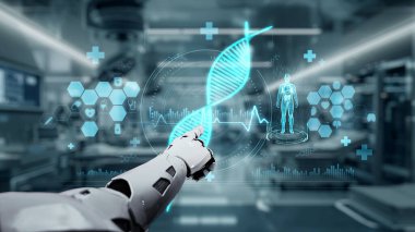 Tıbbi verilere ya da teşhis semptomlarına erişmek için robot ellerle DNA hologramına tıklayın. Yapay zeka semptomları analiz ederken genetik simülasyonda robot el kontrolü. Sağlıklı..