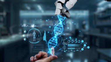 Robot ve insan elini uzatıyor ve yüzen DNA hologramıyla işaret ediyor. Bulanık laboratuvar geçmişini işaret ederken robot el ve insanın birlikte çalışmasını kapat. Sağlıklı..