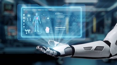 İnsan anatomisi hologramının yüzdüğü bir avuç içi açık robot eli kapat. Robot el, tanı koymak için veriye erişip bağlantı kurarken x ışını hologramını sunuyor. Sağlıklı..