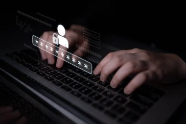 Güvenli giriş, gizlilik koruması, veri koruması, erişim kontrolü ve dijital kimlik doğrulama bağlantısını gösteren kullanıcı kimlik denetimi ve parola koruma kavramı