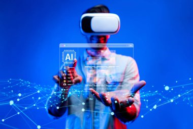 Sanal gerçeklik kulaklığı ve sanal ekran görüntüsüyle ilgilenen bir kişi dijital ortamda yenilikçi yapay zeka araçları ve üretken teknoloji sergiliyor. XDMCP