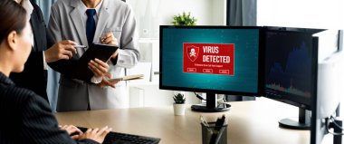 Bilgisayar ekranındaki virüs uyarısı canlı siber tehdit, hacker, bilgisayar virüsü ve kötü amaçlı yazılım tespit etti