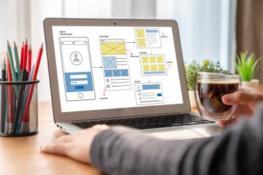 Model mobil uygulama ve web sitesi için UX UI tasarım süreci. Profesyonel uygulama geliştiricisi için kablo grafiğinin yaratıcı prototipi .