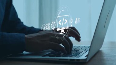 Kodlama sembolleri, web geliştirme süreci, web geliştirme arayüzü ve web geliştirme araçlarını içeren modern web geliştirme kavramı. Elide