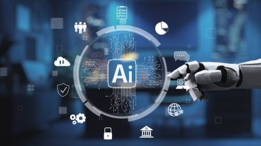 Bir robot el dijital çalışma alanındaki bir dizi yapay zeka ikonuna uzanıyor, gelişmiş teknoloji, yenilik ve otomasyondaki gelecekteki olasılıkları temsil ediyor. Auvana