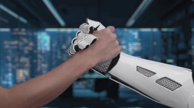 Bir insan eli, gelecekçi bir ortamda robotik bir ele uzanıyor, insanlar ve gelişmiş teknolojiler arasındaki işbirliğini ve bağlantıyı simgeliyor. Auvana