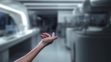 Robot ve insan eliyle insan anatomisi ikonunu işaret ediyor. Robot el ve insanın birlikte çalışırken röntgen hologramıyla bulanık labaratuvarı işaret etmesine yakın çekim. Sağlıklı..