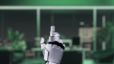 Fütürist robotik bir el holografik bir küreye uzanıyor, parlak modern ofis alanındaki çevresel sembolleri ve teknolojiyi sergiliyor, yeniliği sembolize ediyor. Auvana