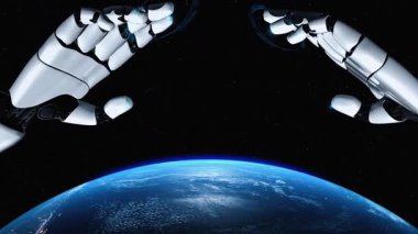 Gelecekçi robot yapay zeka yapay zeka yapay zekayı aydınlatıyor ve makine öğrenme kavramını geliştiriyor. İnsan hayatının geleceği için küresel robotik blok zincir bilimi araştırması. 3B görüntüleme grafiği