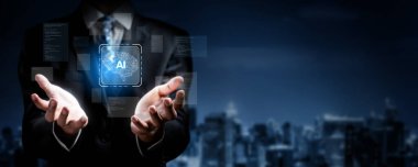 Bir iş adamı yapay zekanın ve modern teknoloji ve endüstriler arasındaki yenilikte programlamanın rolünü vurgulayan parıldayan bir yapay zeka arayüzüne sahiptir. XDMCP