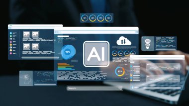 Gösterişli dijital çalışma alanı yapay zeka ölçümleri sergiliyor, veri görselleştirme ve analizlerini birleştiriyor. Teknolojide yeniliği temsil etmek için ideal. Dörtgen