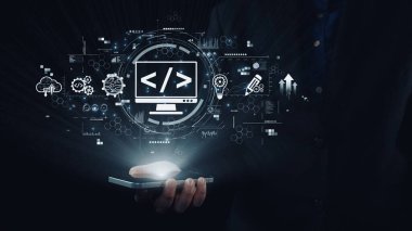 Kodlama sembolleri, web geliştirme süreci, web geliştirme arayüzü ve web geliştirme araçlarını içeren modern web geliştirme kavramı. Elide