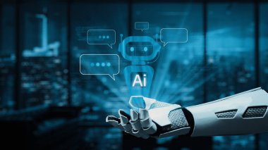 Bir robot el, yüksek teknoloji dünyasındaki yenilik ve iletişimi temsil eden konuşma baloncuklarıyla çevrili parıldayan bir yapay zeka chatbot sembolünü tutmaya çalışıyor. Auvana