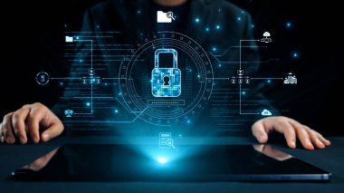 Bu resim, modern iş dünyasındaki veri koruması ve teknolojinin önemini vurgulayan kilit sembollü güvenli bir dijital ortamı resmediyor. Dörtgen