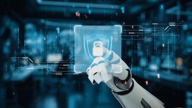 Bir robot el dijital kilit sembolü ile etkileşime girer, siber güvenlik ve gelişmiş teknolojinin veri akışıyla dolu modern bir çalışma alanına entegrasyonunu sembolize eder. Auvana