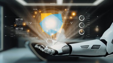 Bir robotik el, ileri teknoloji ve tasarım sergilenen parlak, fütüristik bir ortamda yüzen üç boyutlu geometrik şekillerle ve veri görselleştirmeleriyle etkileşime geçmek için uzanır. Auvana