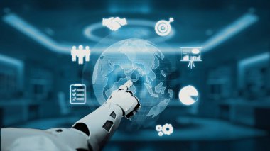 Bir robot el, teknoloji ve yeniliğin kesişimlerini gösteren küresel haritalar, haritalar ve iş simgelerini gösteren yüksek teknolojili dijital ekrana bağlanır. Auvana