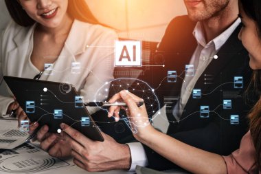 Yapay zekayı beyin yapısı, çip ve bağlı veri bloklarını hesaplama ve öğrenme kesesi ile görselleştiren yapay zeka ve veri işleme sistemi