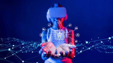 Sanal gerçeklik teçhizatındaki bir kişi online alışverişin geleceğini keşfediyor, dijital ve etkileşimli bir ortamda yenilikçi çok kanallı pazarlama stratejileri sergiliyor. XDMCP