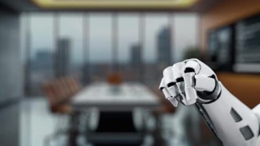 Bir robot el, modern çalışma ortamlarında teknoloji ve veri yönetiminin entegrasyonunu temsil eden gösterişli bir ofiste dijital klasör simgeleriyle uğraşır. Auvana