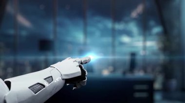 Bir robot el modern ofis ortamında yüksek teknolojili dijital bulut arayüzü ile etkileşime girer, veri alışverişini ve yenilikçi iletişim teknolojisini vurgular. Auvana