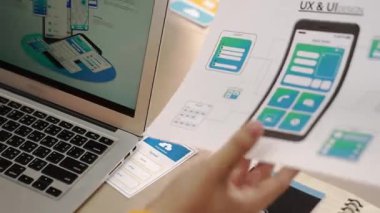 UX geliştiricisinin ya da şirket çalışanının mobil uygulama için dizüstü bilgisayar arayüzü ya da UI prototipi kullanan panorama videosu ya da akıllı telefondaki yazılım ekranlı web sitesi yazılımı. Sinerjik