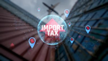İthalat vergisi ve gümrük vergilerinin konteynırlarla küresel ticareti etkileyen kavramsal temsili ve dijital grafik tarzında yükselen eğilim... sevkiyat.