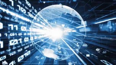 Fütürist küresel sosyal medya, insanlar iletişim ağı ve dijital veri paylaşımı kuruyor. Yeni bilgi çağındaki küresel eğilimleri değiştiren akıllı dijital dönüşüm ve teknoloji bozulması kavramı .