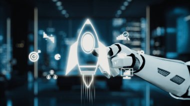 Pürüzsüz bir robot kolu, modern çalışma alanı arkaplanına karşı parlak bir roket sembolü ile etkileşime geçerek fütüristik teknoloji, yenilik ve dijital gelişim kavramlarını resmediyor. Auvana