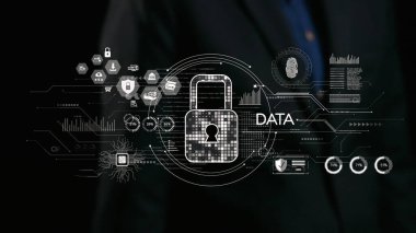 Bu resim, bir kilit ikonu, soyut teknoloji unsurları ve çeşitli veri ölçümlerinin yer aldığı dijital bir veri güvenliği kavramını gösteriyor ve siber koruma ve mahremiyeti vurguluyor. Dörtgen