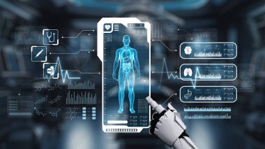 İnsan anatomisine tıklayarak tıbbi verilere ya da teşhislere ulaşın. Semptomu analiz ederken X ışını hologramında robot el kontrolü. Sağlıklı..