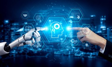 Bilgi, amaç, görev yönetimi ve sistem optimizasyonu ikonları ile yapay zeka veya insan güdümlü beceri edinme ve eğitim