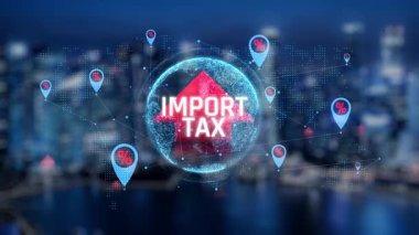 İthalat vergisi ve gümrük vergilerinin kavramsal görselleştirilmesi ve vergi yüzdelerini ve küresel ticaret etkilerini gösteren dijital örtülü modern bir şehirde sevkiyat.