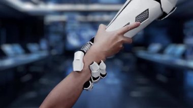 Gelişmiş bir robotik kol dijital arama arayüzü ile etkileşime geçerek teknolojinin, yapay zekanın ve gelecekteki dijital keşiflerin dönüm noktalarını sembolize eder. Auvana