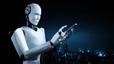 Future financial technology controll by AI robot huminoid uses machine learning and artificial intelligence to analyze business data and give advice on investment and trading decision . 3D rendering .