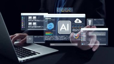 Elleri parlak geometrik elementlerle veri analizi yapan profesyonel bir dizüstü bilgisayar kurulumu. Modern teknolojinin ve yeniliğin özünü yakalıyor. Dörtgen