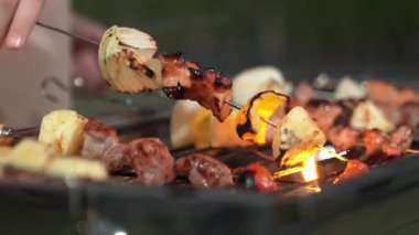 Grilled food of family celebration anniversary. Family have dinner party in garden. Outdoor camping activity relax with tasty food and spend time with cute relatives cross generation gap. Divergence.