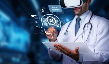 Bir doktor, hasta etkileşimlerini geliştirmek ve tıbbi süreçleri gelecekteki sağlık ortamında düzene sokmak için sanal gerçeklik ve yapay zeka teknolojisinden yararlanır. PHMT