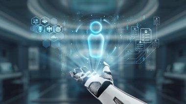 Parlayan bir holografik kullanıcı arayüzü ile etkileşime girmek için uzanan robotik bir el, teknolojinin ve dijital yeniliğin geleceğini sembolize eden yüksek teknolojili bir ortamda geçmektedir. Auvana