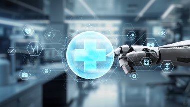 Robotik el işaretini kapat ve bulanık laboratuvar geçmişine sahip çapraz holograma dokun. Tıbbi verilere erişmek ve onları teşhis etmek için robot el tıklaması. Sağlıklı..