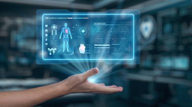 Laboratuvar arka planında yüzen insan anatomisi hologramına yakın çekim. Tıbbi verilere el erişimi ve bağlantı kurmak için X ışını ikonunu kullanarak semptomları analiz etmek ve teşhis etmek. Sağlıklı..