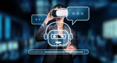 Bu resim sanal ortamda üretici yapay zeka ve sohbet robotlarının kavramsal entegrasyonunu tasvir ederek iletişim teknolojisindeki yenilikçi mühendisliği vurguluyor. XDMCP