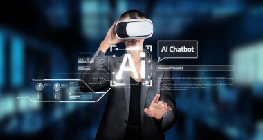 Bir kullanıcı sanal gerçeklik vasıtasıyla yapay zeka teknolojisini tecrübe ederek, modern bir dijital ortamda sanal asistanların potansiyelini ve otomasyonunu sergiliyor. XDMCP