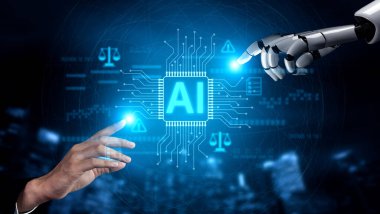 Yapay zeka kontrol sistemini yasal denge, siber güvenlik uyarıları, uyum simgeleri ve dijital devre kartı tasarımı ile gösteren yapay zeka kontrol sistemi