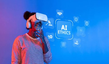 Sanal gerçeklik kulaklığı takan bir kadın, teknolojinin ve toplumdaki yasal sorumlulukların kesişimini vurgulayan yapay zeka etiği ve dijital hukuk kavramlarına bağlanıyor. XDMCP