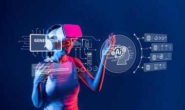 Sanal gerçeklik kulaklığı takan bir kadının, üretken yapay zekayı ve gelişmiş teknolojiyi temsil eden görsel elementlerle etkileşime girdiği fütüristik bir sahne. XDMCP