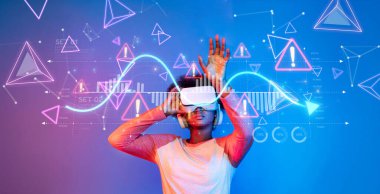 Sanal gerçekliğe dalmış genç bir insan renkli etkileşimli grafiklerle borsa eğilimlerini analiz ediyor. Sahne modern finans alanında yenilikleri yakalıyor. XDMCP