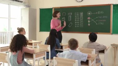 Zeki öğretmen tahtayı işaret ederken öğretmen mutlu öğrenciye bakarken fikri açıklıyor. Öğrenci ders çalışırken, profesyonel öğretmen matematik teorisi hakkında konuşur ve öğretir. Pedagoji.